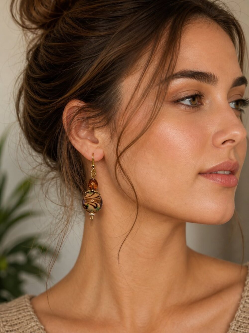 Boho Earth Tone Swirl Glass Bead Dangle Earrings • Gold Tone